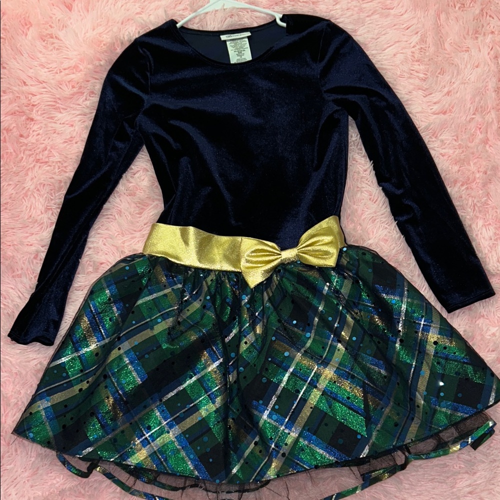 Bonnie Jean Navy Velvet Dress with Gold Bow